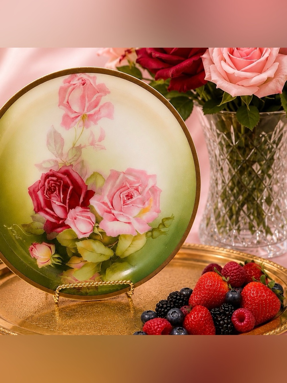 Original Vintage Porcelain Roses THOMAS Dessert Plate Signed Art Antique Wall